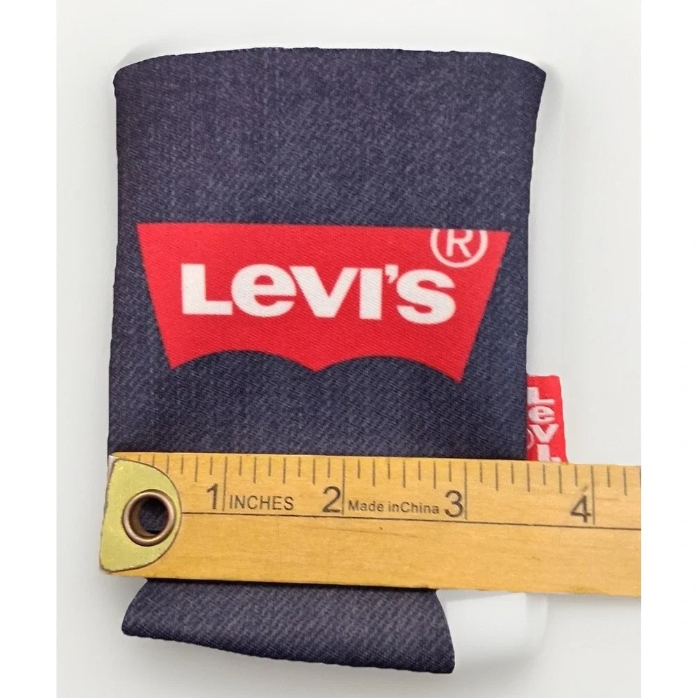 Levis Denim Print Neoprene Can Cooler Koozie Set of 2 Red Batwing Logo Two Horse